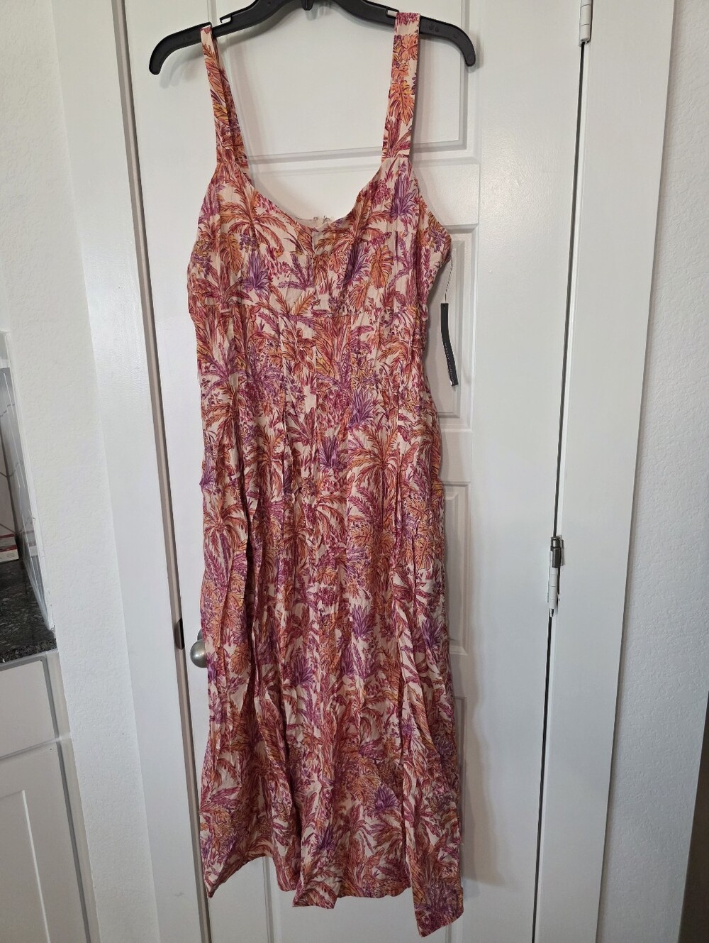 NWT Maggy London Tropical Print Midi Dress Size 14 Pink Palm Fit & Flare Sundres - Picture 9 of 12